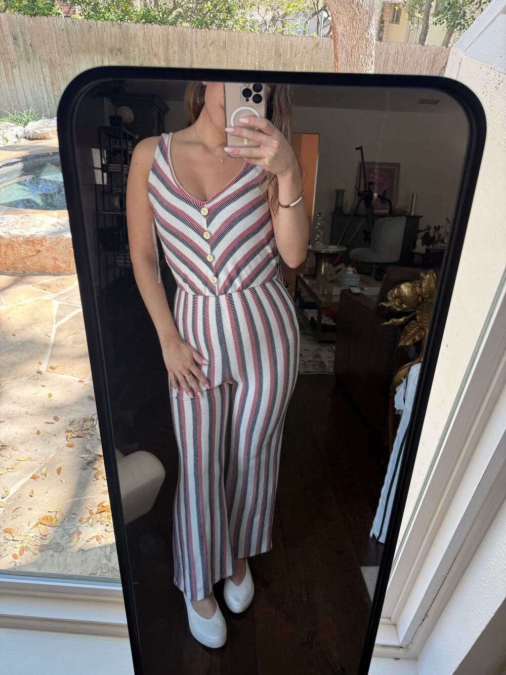 Caution To The Wind Knit Striped Wide-Leg Jumpsuit - Red White Blue, Size S